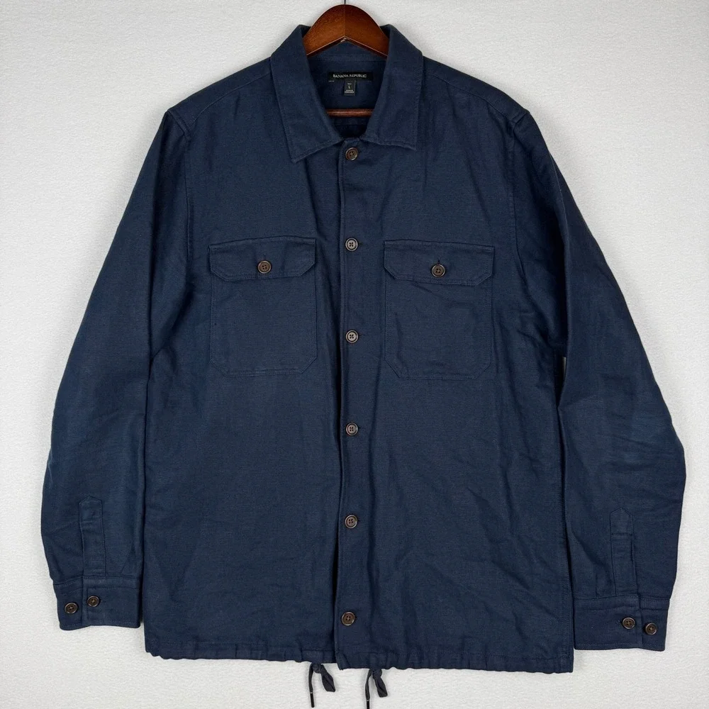 Banana Republic Linen Shacket Mens Large Tall Coaches Shirt Jacket Navy Blue - Picture 2 of 10